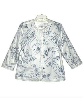 Christopher & Banks Women's Blazer Jacket Blue White 3/4 Sleeve Casual Size 10